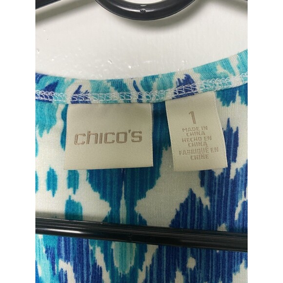 Chico's Pullover Top Blouse Blue Short Sleeves Asymmetric Embroidered hem Size 1 - Picture 7 of 12